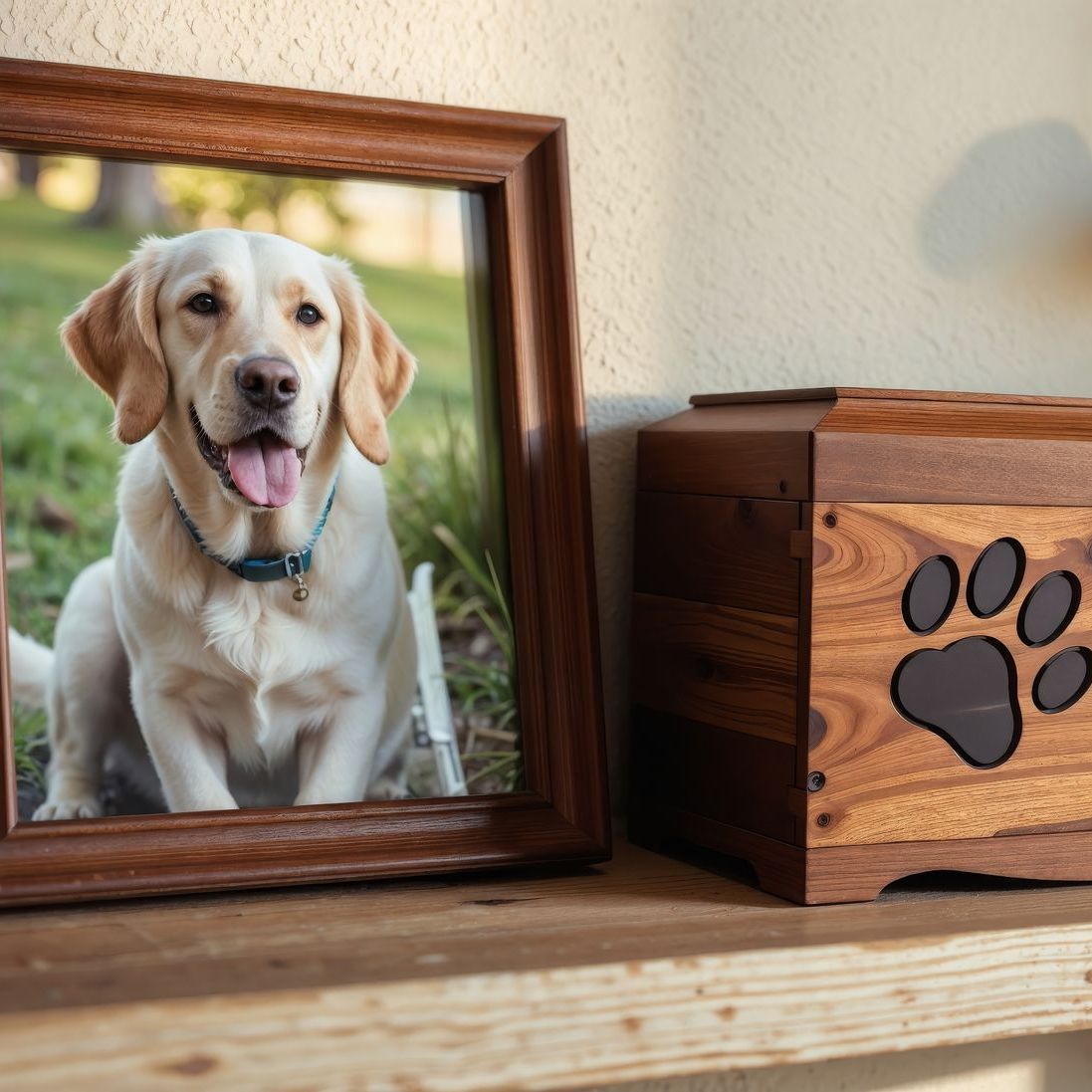 Une photo d'un chien dans un cadre à côté d'une boîte en bois avec des empreintes de pattes dessus