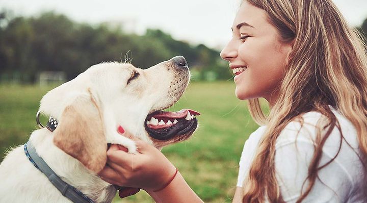 Une femme caresse un chien dans un champ.