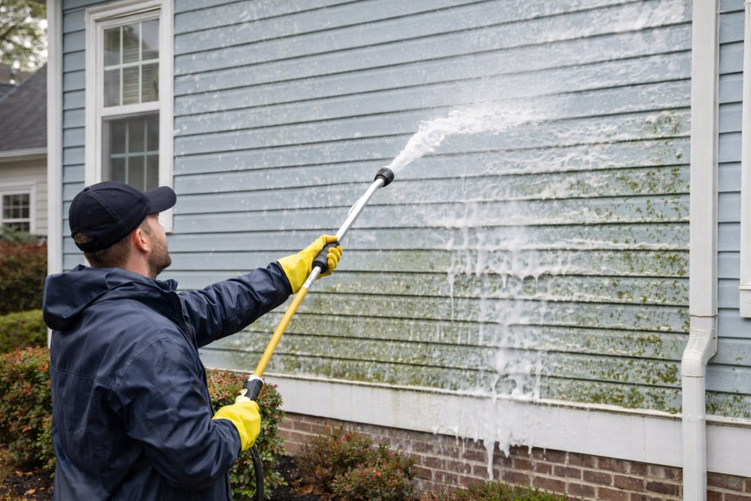 Person pressure washing the exterior siding of a house with visible algae.