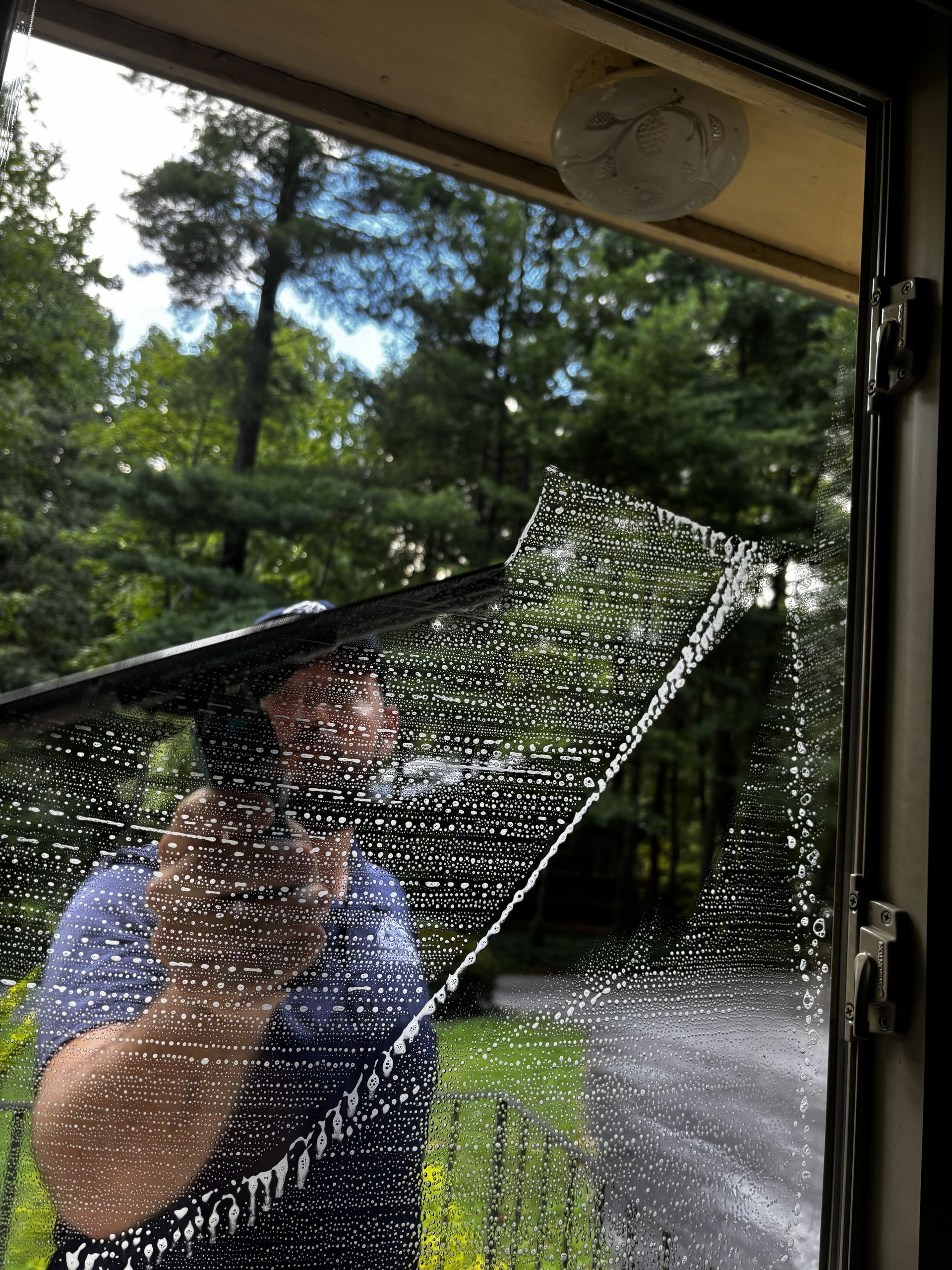 Man cleaning a glass window with a squeegee outdoors; plants in view.