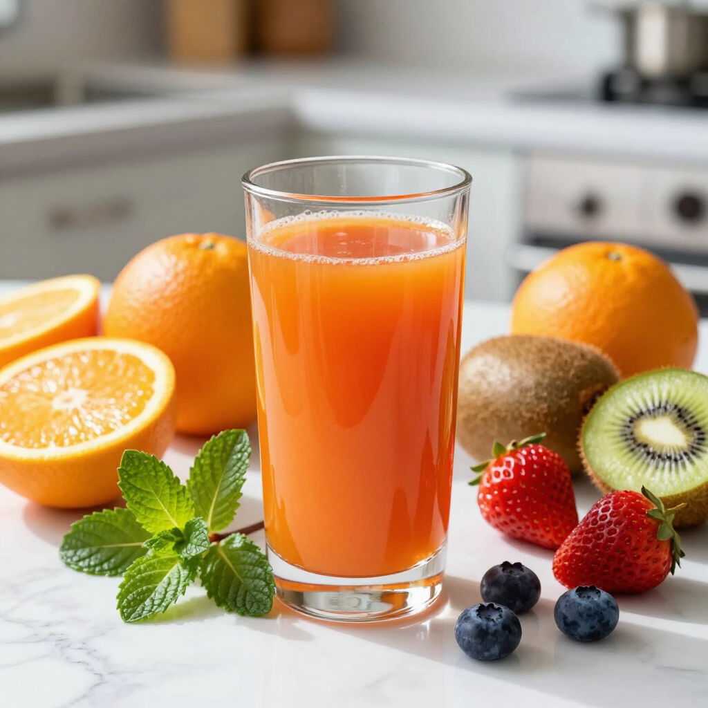 Cuatro envases de suplementos blancos y un vaso de batido de proteínas sobre una mesa de madera.