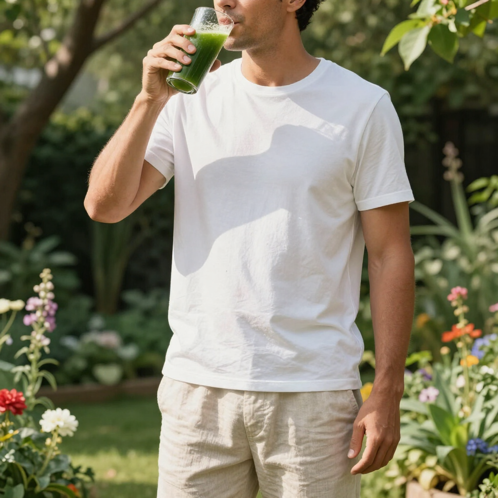 Hombre bebiendo una bebida verde en un jardín. Lleva camisa blanca y pantalones cortos color canela.