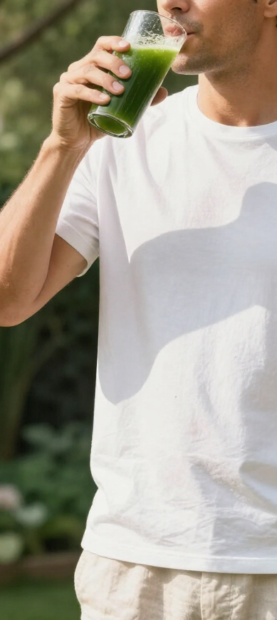 Mano sosteniendo un vaso de jugo verde, ingredientes como lima, pepino y perejil en una tabla 