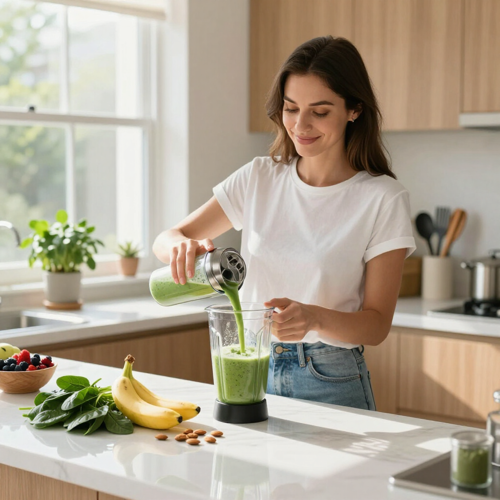 Mujer vertiendo un batido verde en un vaso en una cocina luminosa.
