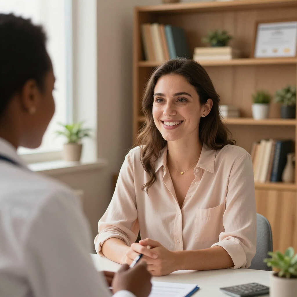 Mujer sonriendo, hablando con una persona con bata blanca en un escritorio. Entorno de oficina.
