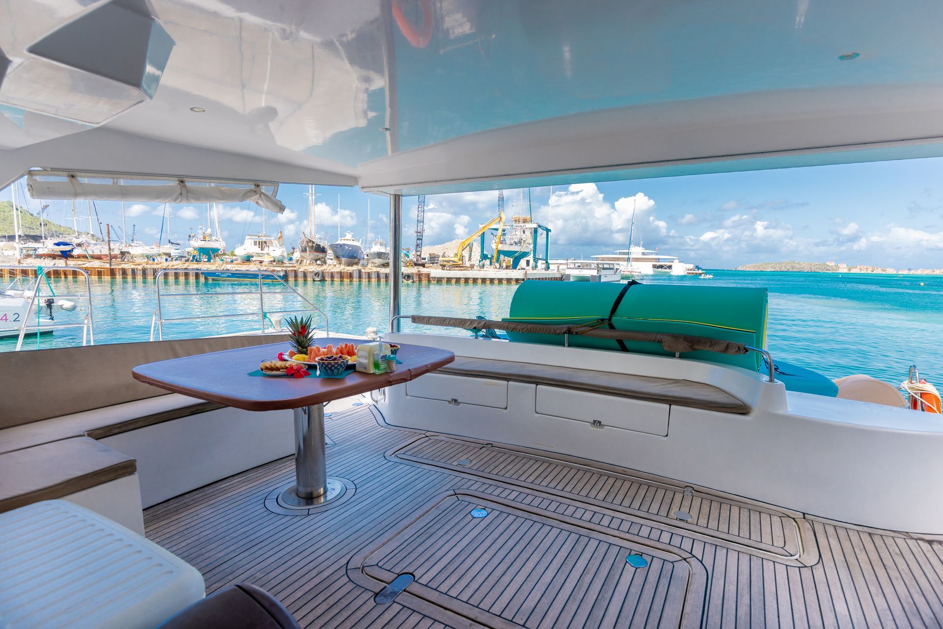 Aft deck of Sail The Phoenix docked at Bobby's Marina, St. Maarten