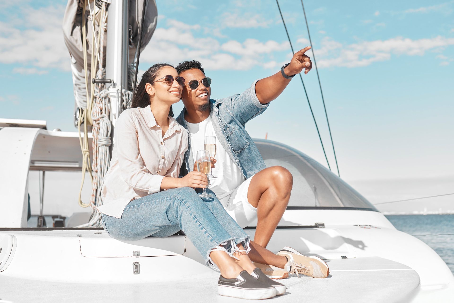 Couple sitting on a private catamaran st maarten