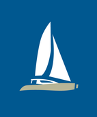 Minimalist sailboat icon in blue and white