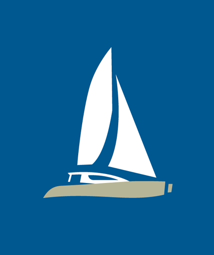 Minimalist sailboat icon in blue and white