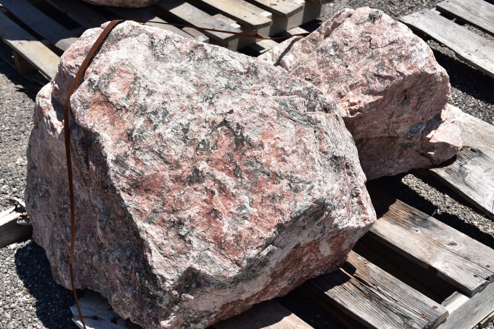 A garden with rocks and plants in front of a house.