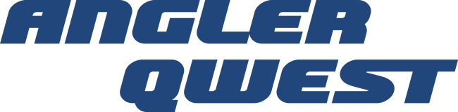 A blue and white logo for angler quest