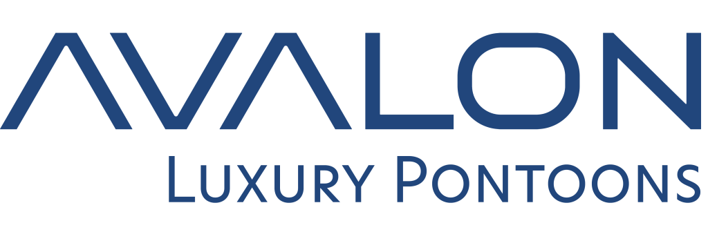 The avalon luxury pontoons logo is blue and white on a white background.