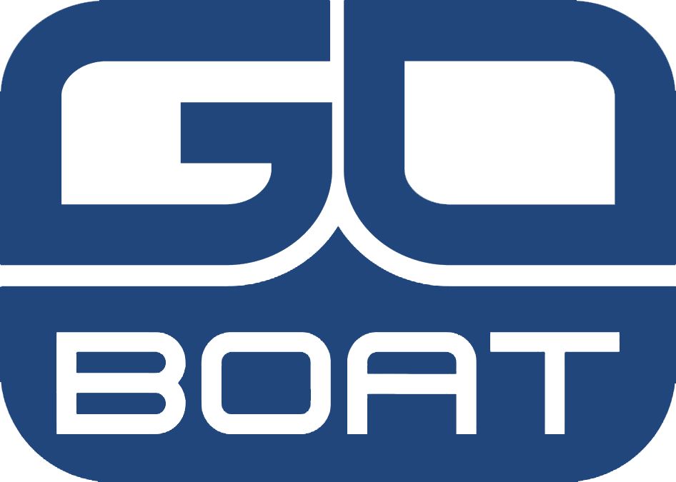 A blue and white logo for go boat on a white background.
