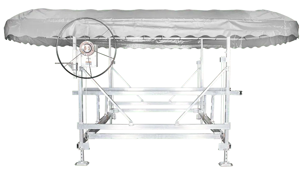 A boat with a canopy and steering wheel on a white background.