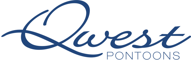 A blue logo for quest pontoons on a white background.