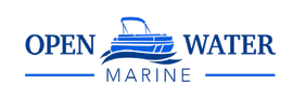 The logo for open water marine shows a boat on a wave.