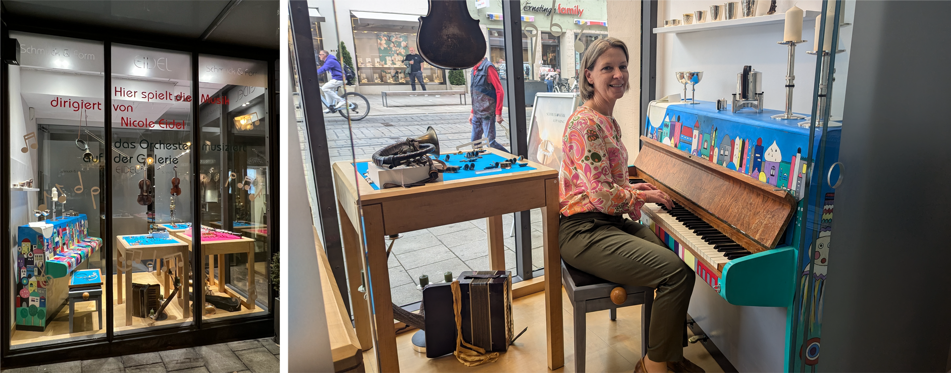 Eine Frau sitzt vor einem Schaufenster an einem Klavier.