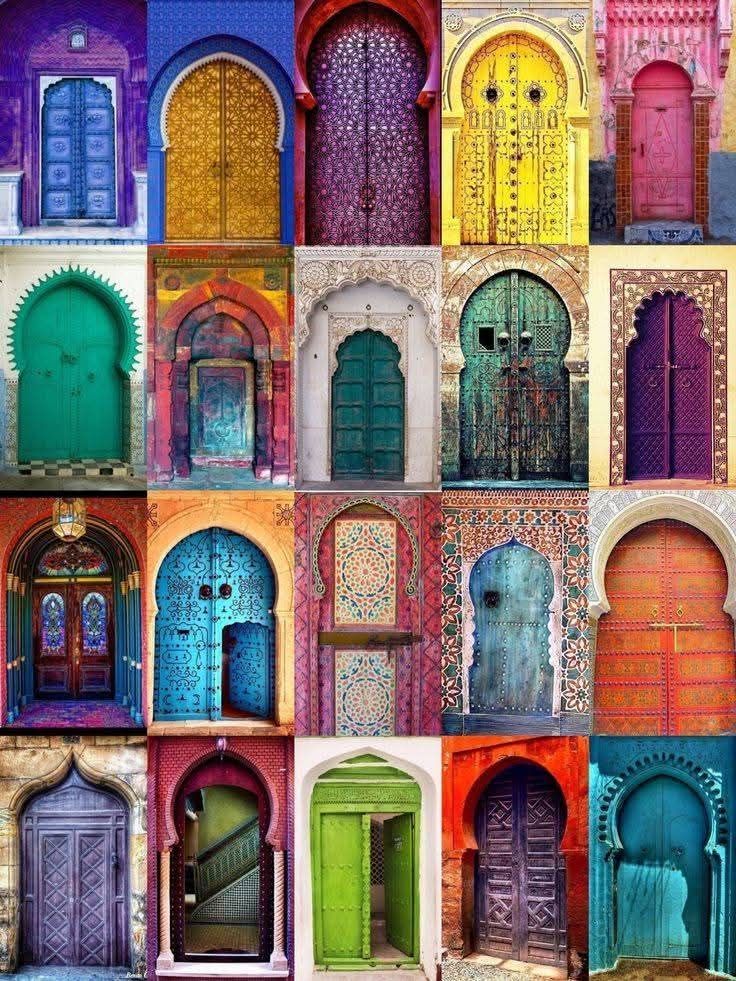 Collection of colorful, ornate doors in various architectural styles, predominantly Middle Eastern.