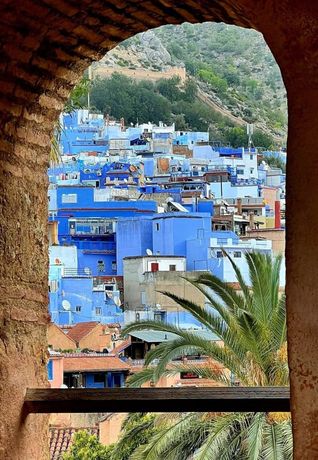 Blue-painted buildings of Chefchaouen, Morocco, viewed through an archway, with palm trees in the foreground and mountains in the distance.
