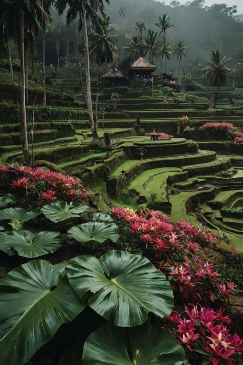 Lush green rice terraces with pink flowers and palm trees in Bali, Indonesia.