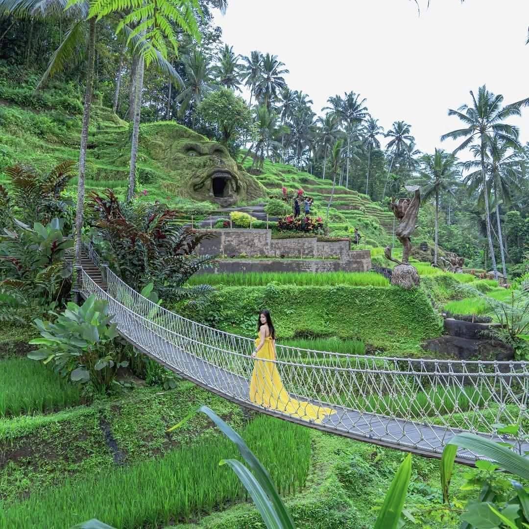 Amarantine Travels guests in yellow dress walks across a rope bridge over rice terraces in Bali. Lush green landscape.