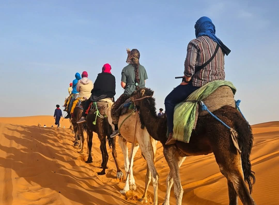 People riding camels in a desert; sunny day.