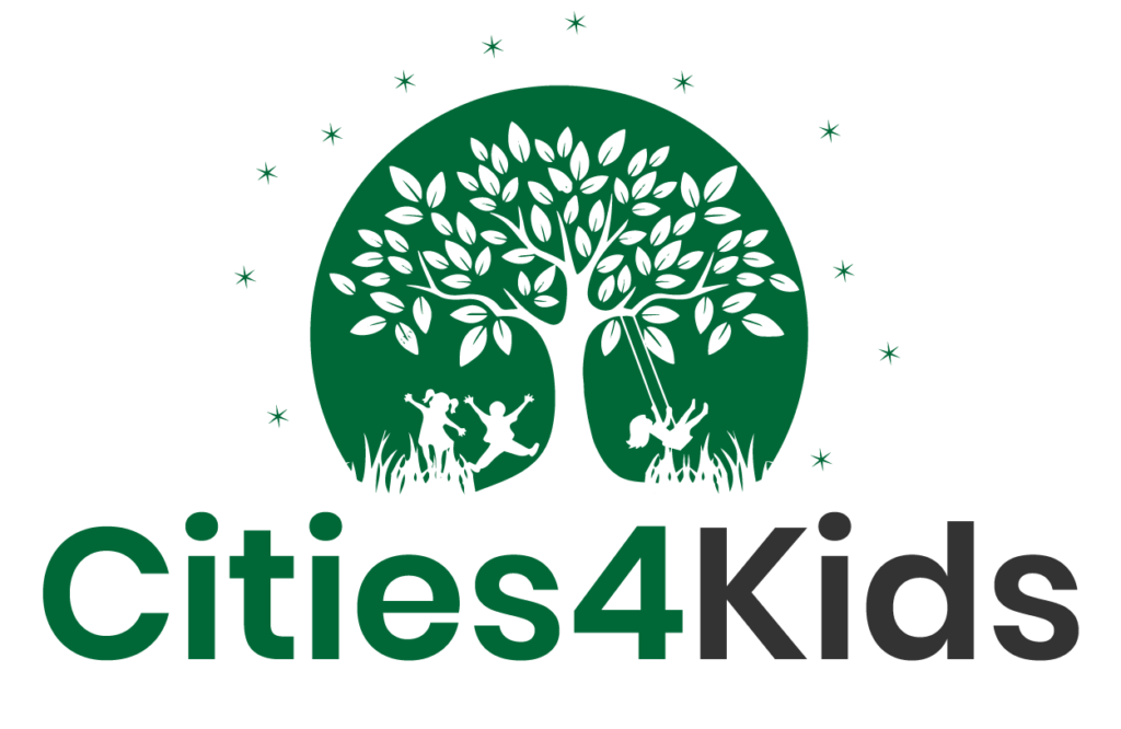 A green logo for cities4kids with a tree and swings