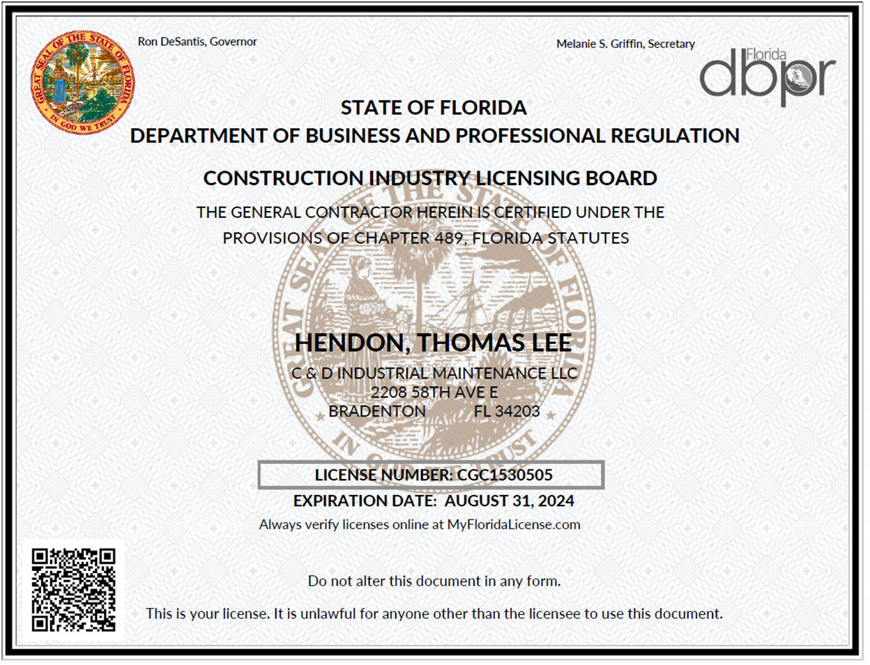 A certificate from the State of Florida Department of Business and Professional Regulation - Bradenton, FL - C&D Industrial Maintenance