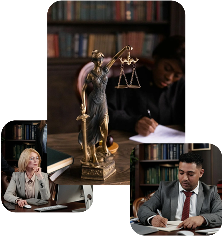 A group of lawyers are sitting at a table with a statue of justice.