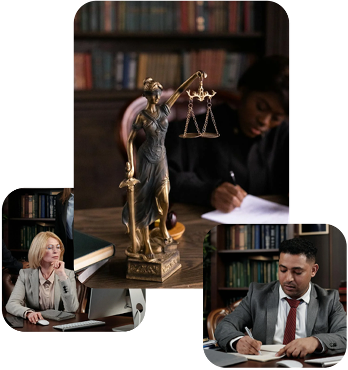 A group of lawyers are sitting at a table with a statue of justice.