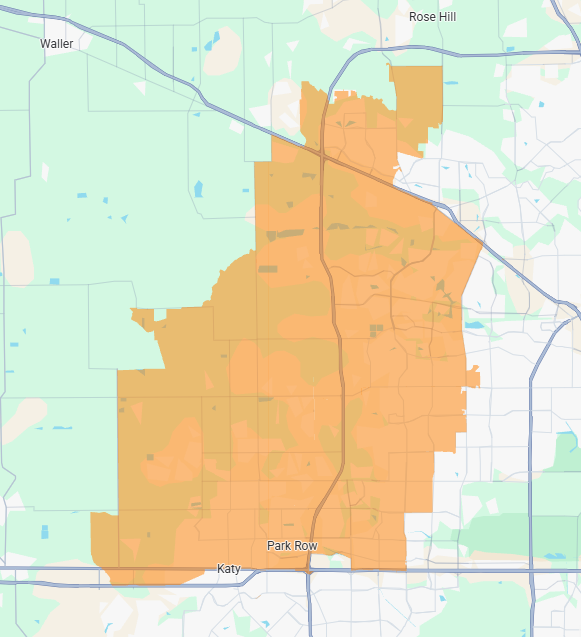 Map of a region colored orange, with roads, including I-62, and towns, such as Waller and Rose Hill.