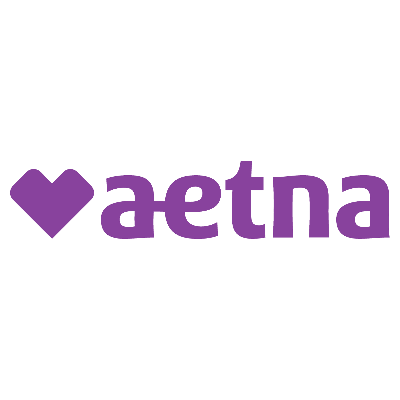 The aetna logo is purple with a heart in the middle.