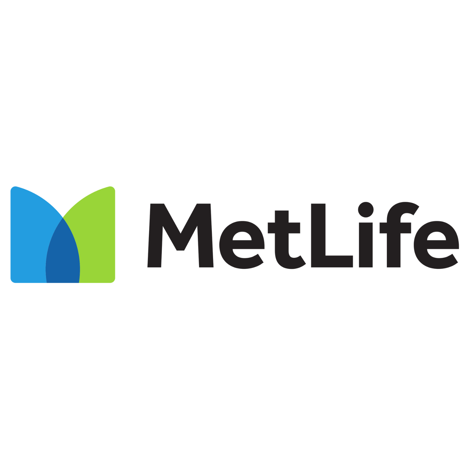 A metlife logo with a blue and green m on a white background.