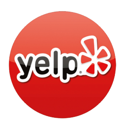 Yelp logo: Red circle with white outline. Black 