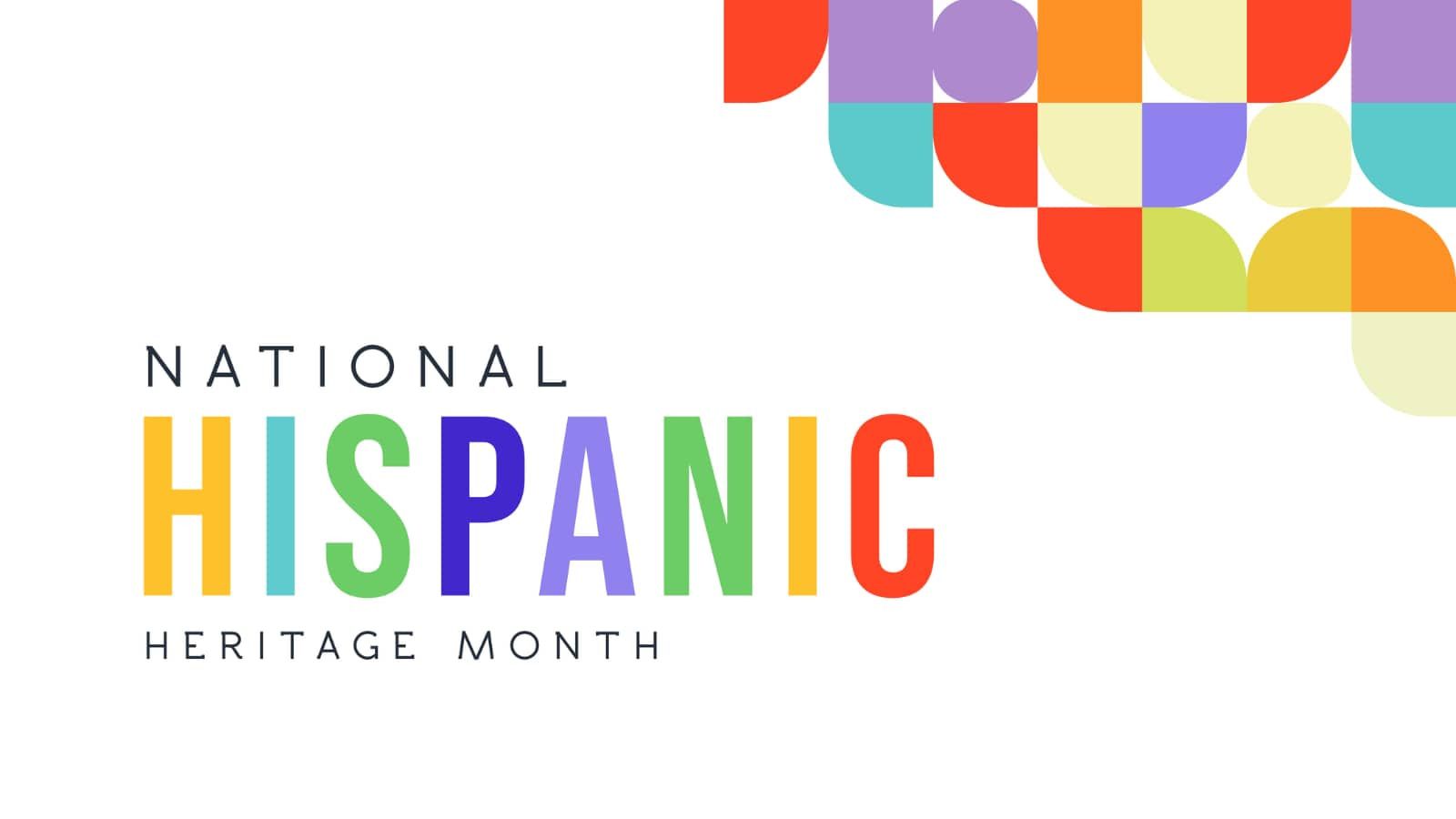 A poster for national hispanic heritage month with colorful squares on a white background.