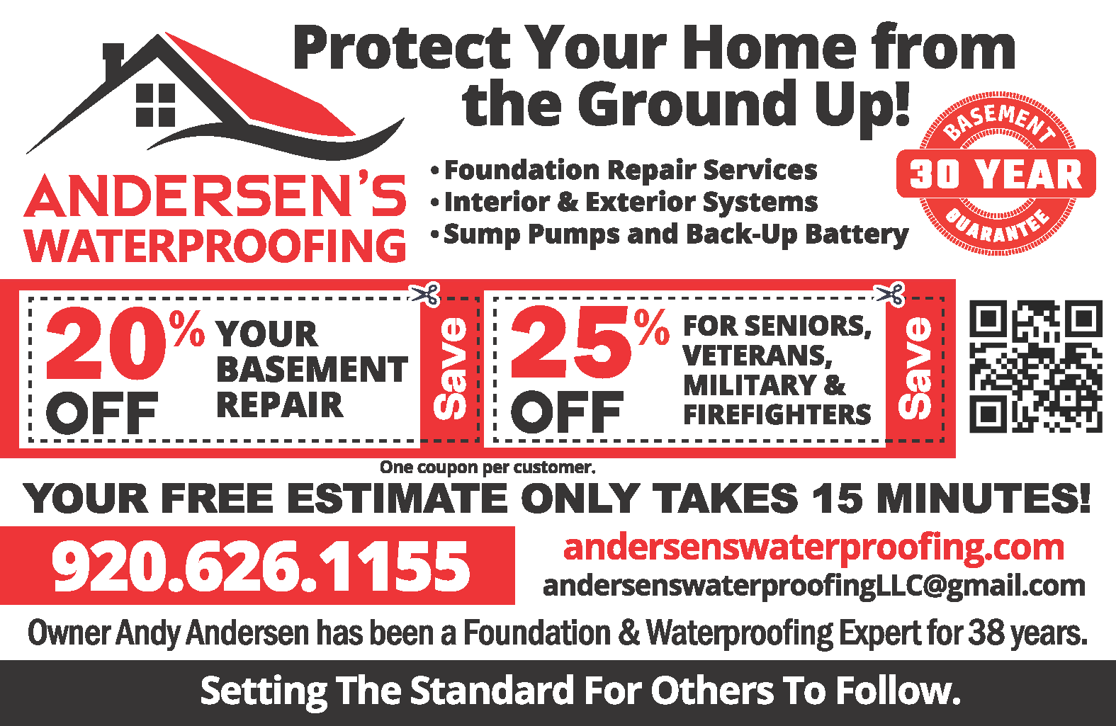 An advertisement for andersen 's waterproofing with coupons
