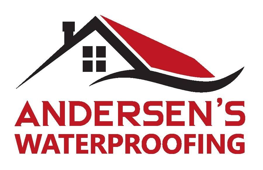 The logo for andersen 's waterproofing shows a house with a red roof.
