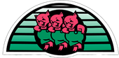 Trois cochons se tiennent côte à côte sur un fond rayé vert et blanc.
