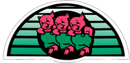Trois cochons se tiennent côte à côte sur un fond rayé vert et blanc.