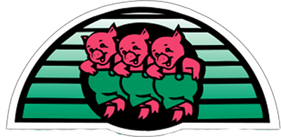 Trois cochons se tiennent côte à côte sur un fond rayé vert et blanc.