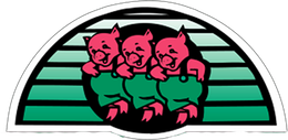 Trois cochons se tiennent côte à côte sur un fond rayé vert et blanc.