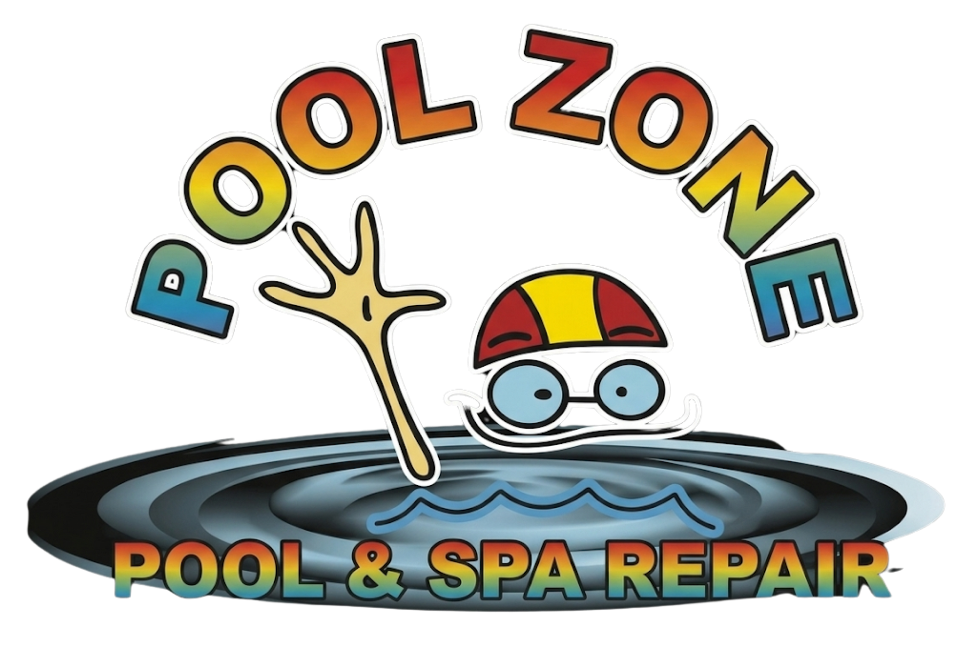 Colorful POOL ZONE sign with a cartoon swimmer, goggles, raised hand, and blue waves