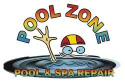 Colorful POOL ZONE sign with a cartoon swimmer, goggles, raised hand, and blue waves