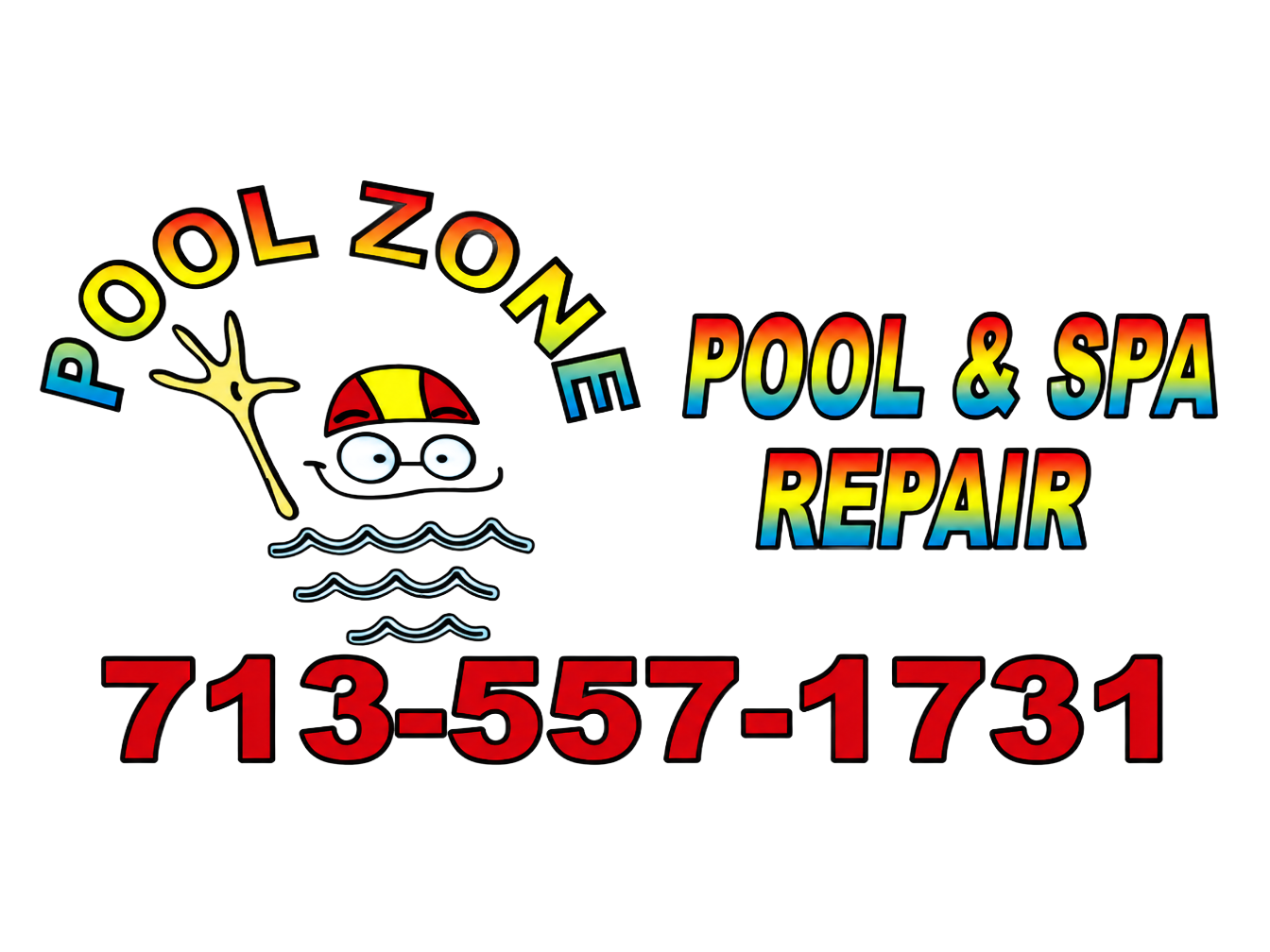 Colorful POOL ZONE sign with a cartoon swimmer, goggles, raised hand, and blue waves