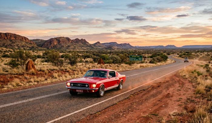 Red convertible driving on a desert road at sunset, with mountains and cacti in the background.