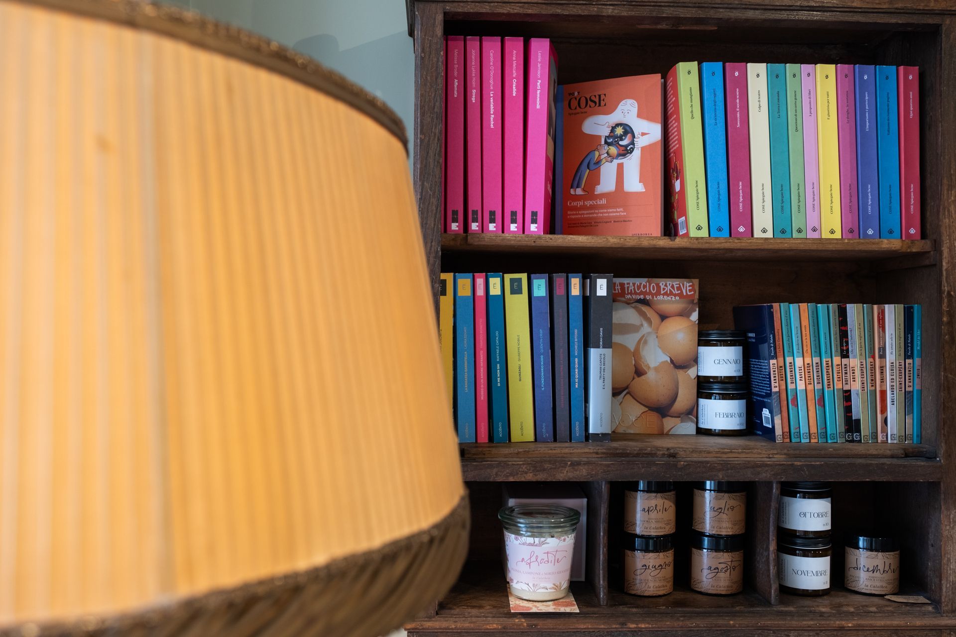 Libri e piccoli oggetti decorativi disposti su uno scaffale, con un grande paralume in primo piano.