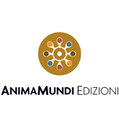Logo di Animamundi Edizioni con un emblema floreale circolare dorato sopra una scritta nera su sfondo bianco.