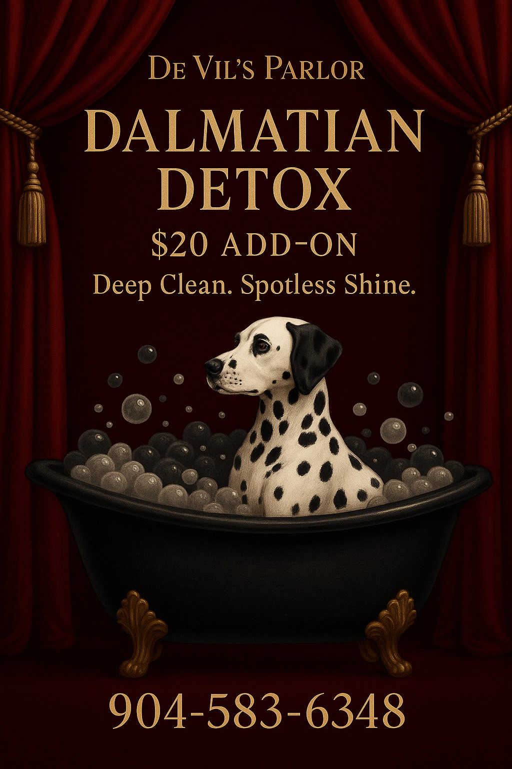 A dalmatian dog is sitting in a bathtub with bubbles.