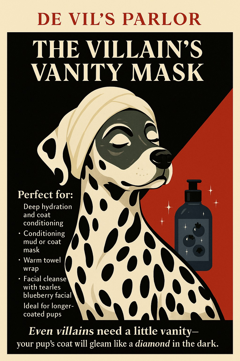 A dalmatian dog wearing a vanity mask from de vil 's parlor