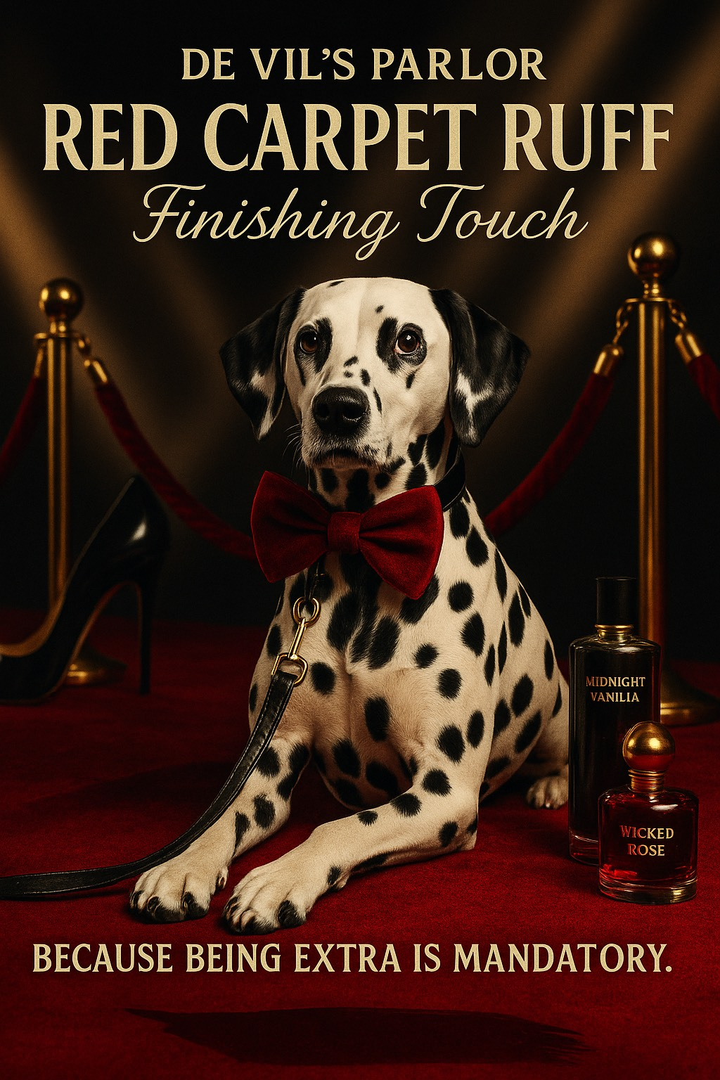 A dalmatian dog wearing a bow tie is sitting on a red carpet.